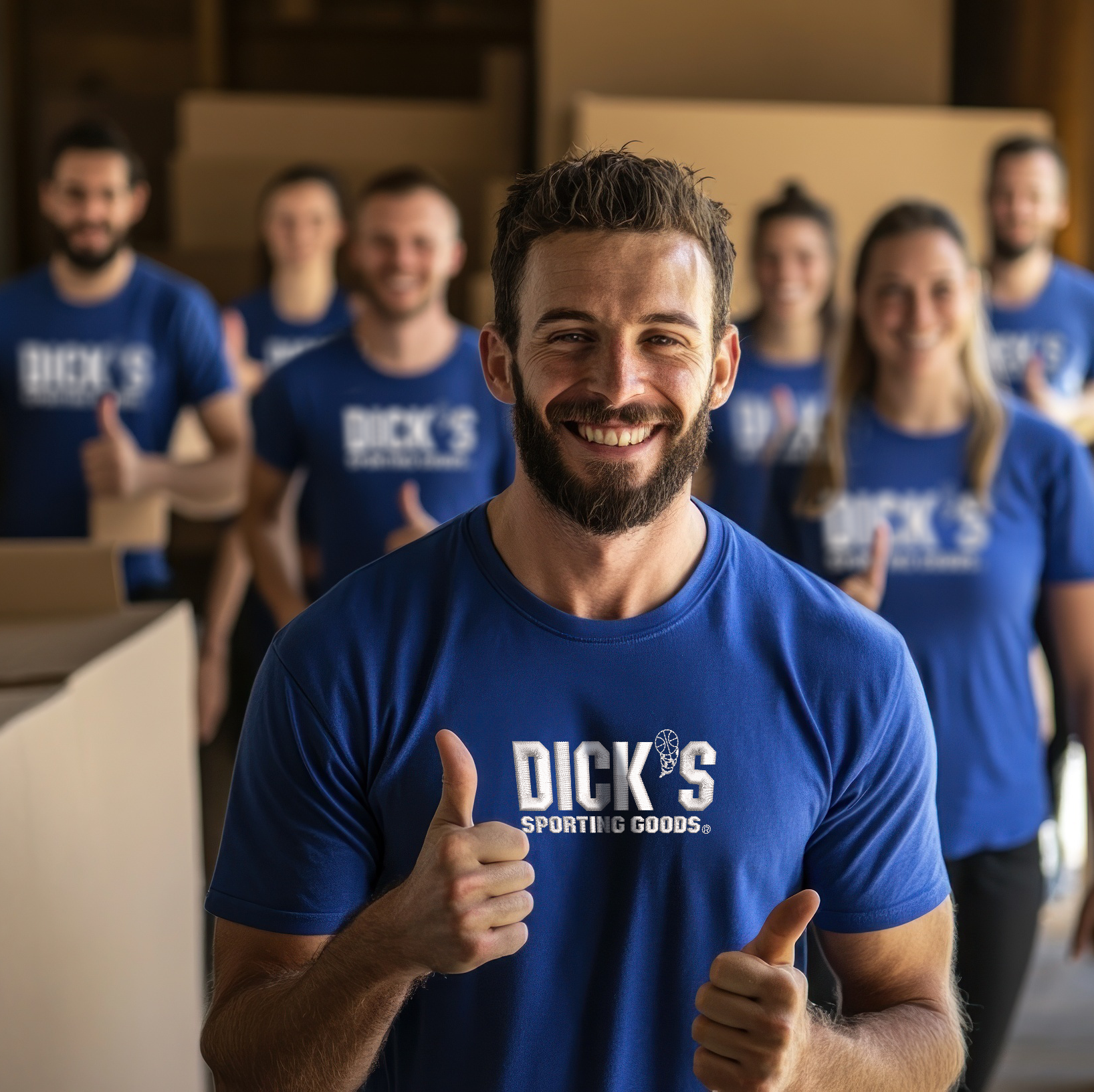 Team in matching branded shirts in a warehouse