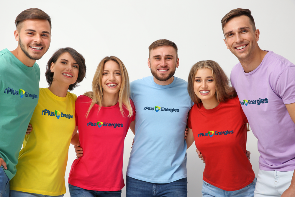 Happy Smiling group wearing branded tShirts in different colors