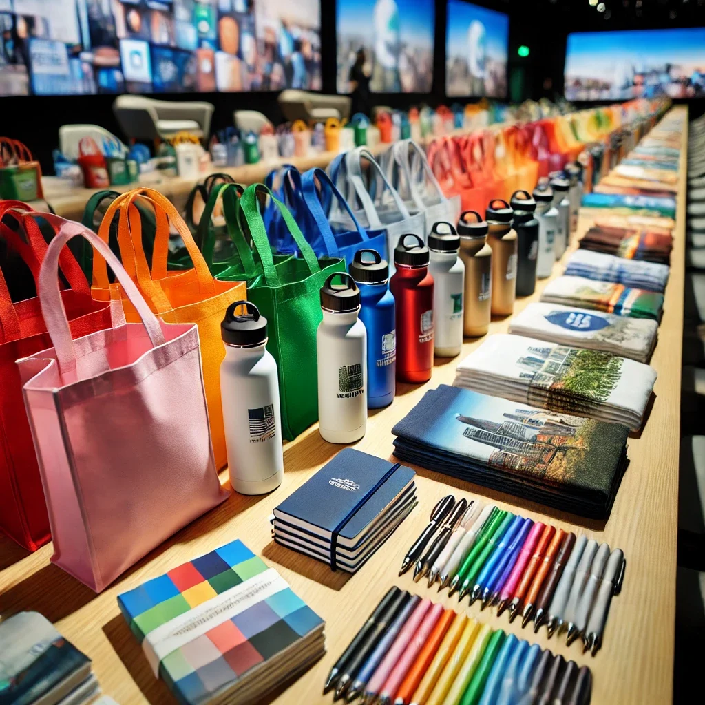 DALL·E 2025-03-11 10.47.05 - A close-up view of a neatly arranged table displaying colorful swag bags set up for an event. The bags, in various colors, are filled with promotional